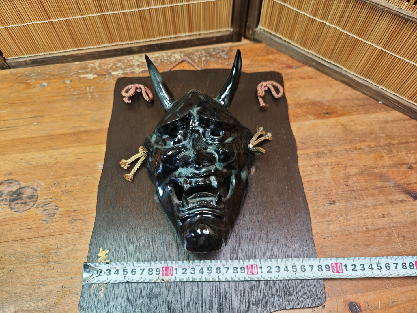 Japanese Vintage Oni Devil Mask Ceramic on Sugi Wood Auction JP