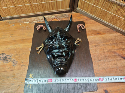 Japanese Vintage Oni Devil Mask Ceramic on Sugi Wood Auction JP