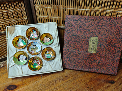 Rare Kutani Sakazuki Sake Cup Set Seven Lucky Gods Gold Japan Box