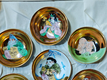 Rare Kutani Sakazuki Sake Cup Set Seven Lucky Gods Gold Japan Box