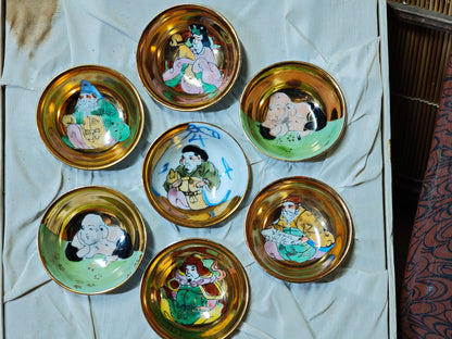 Rare Kutani Sakazuki Sake Cup Set Seven Lucky Gods Gold Japan Box