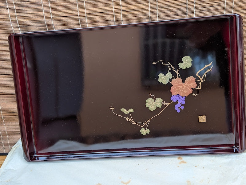 Vintage Serving Tray Lacquer Wood Grape Hand Painted Art Signed Unused