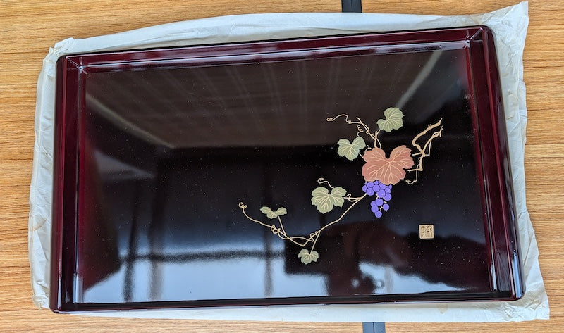 Vintage Serving Tray Lacquer Wood Grape Hand Painted Art Signed Unused