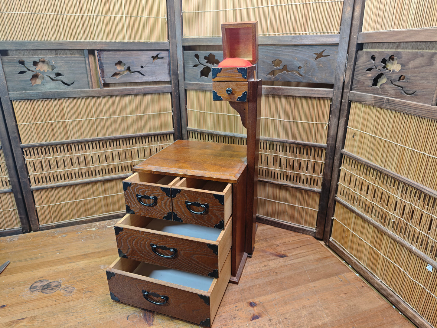 Vintage Japanese Haribako Step Tansu Sewing Box Kiri Wood 1980s Showa Chest
