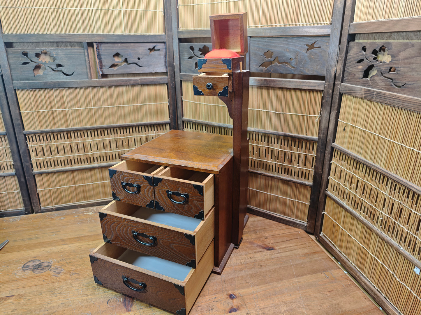 Vintage Japanese Haribako Step Tansu Sewing Box Kiri Wood 1980s Showa Chest