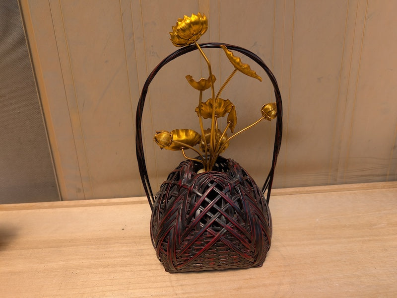 Japanese Vintage Take Kago (竹花籠) – 1980s Bamboo Vase – Signed – With 1940s Flower – Ikebana Style