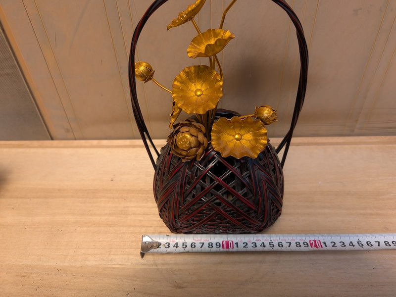 Japanese Vintage Take Kago (竹花籠) – 1980s Bamboo Vase – Signed – With 1940s Flower – Ikebana Style