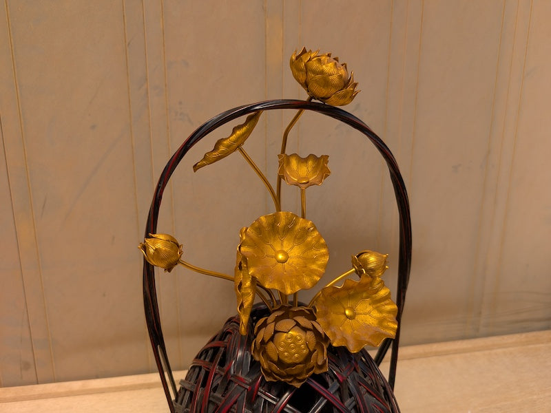 Japanese Vintage Take Kago (竹花籠) – 1980s Bamboo Vase – Signed – With 1940s Flower – Ikebana Style