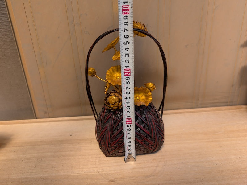 Japanese Vintage Take Kago (竹花籠) – 1980s Bamboo Vase – Signed – With 1940s Flower – Ikebana Style