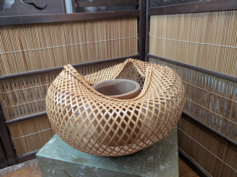 Vintage Japanese Bamboo Ikebana Vase Signed Take Kago with Box Art