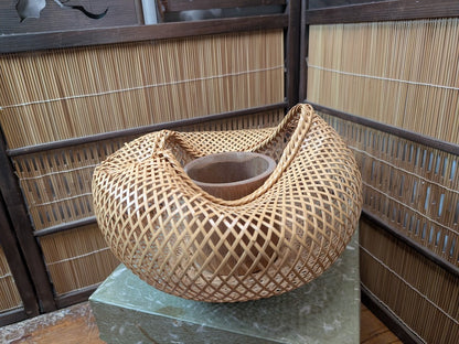 Vintage Japanese Bamboo Ikebana Vase Signed Take Kago with Box Art