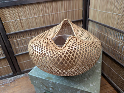 Vintage Japanese Bamboo Ikebana Vase Signed Take Kago with Box Art