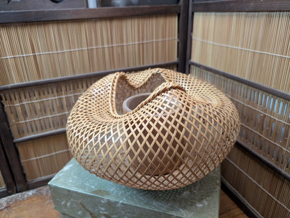 Vintage Japanese Bamboo Ikebana Vase Signed Take Kago with Box Art