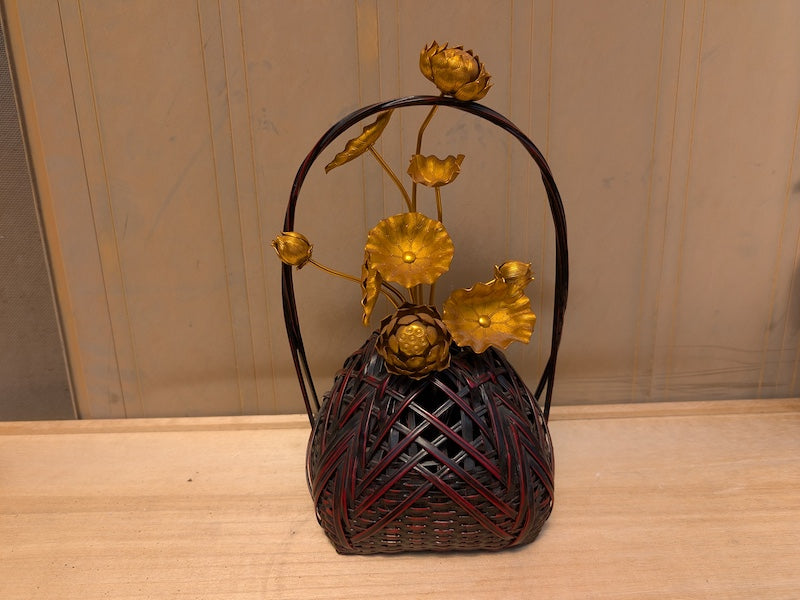 Japanese Vintage Take Kago (竹花籠) – 1980s Bamboo Vase – Signed – With 1940s Flower – Ikebana Style