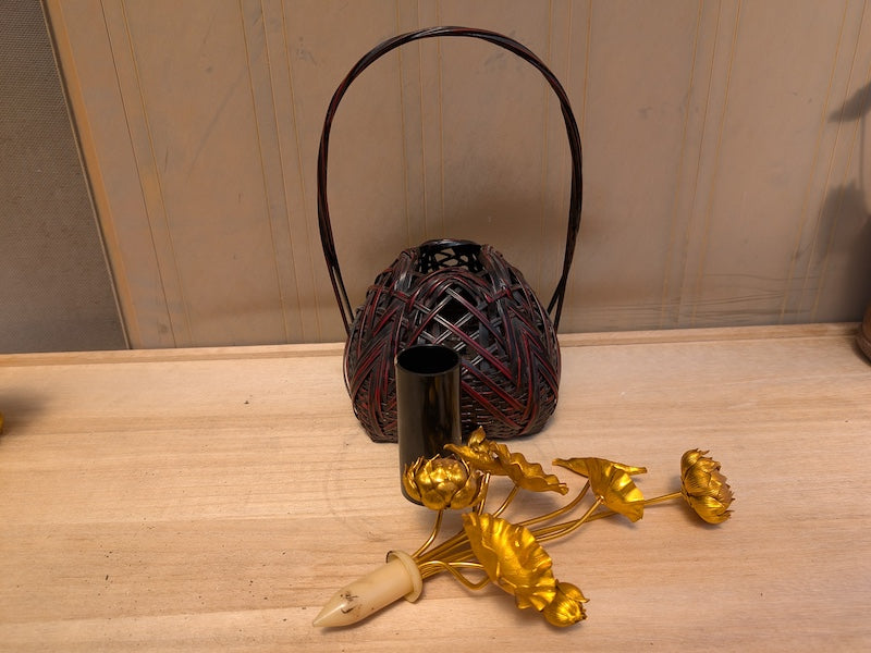 Japanese Vintage Take Kago (竹花籠) – 1980s Bamboo Vase – Signed – With 1940s Flower – Ikebana Style