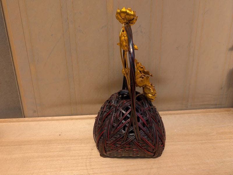 Japanese Vintage Take Kago (竹花籠) – 1980s Bamboo Vase – Signed – With 1940s Flower – Ikebana Style