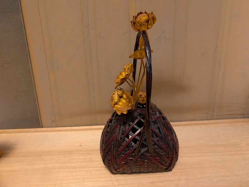 Japanese Vintage Take Kago (竹花籠) – 1980s Bamboo Vase – Signed – With 1940s Flower – Ikebana Style