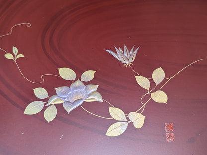 Japanese Lacquer OBON Tray Signed Gold Floral Square Made in Japan