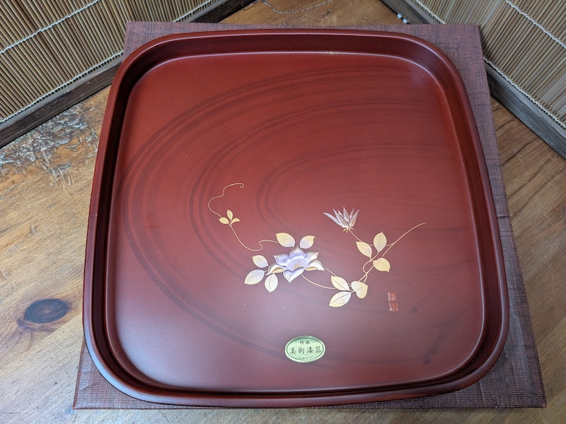 Japanese Lacquer OBON Tray Signed Gold Floral Square Made in Japan
