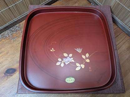Japanese Lacquer OBON Tray Signed Gold Floral Square Made in Japan