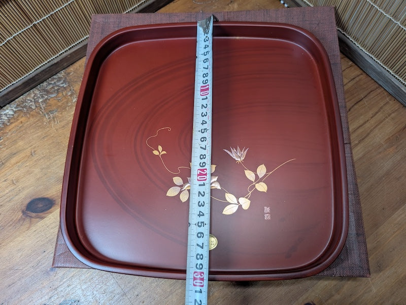 Japanese Lacquer OBON Tray Signed Gold Floral Square Made in Japan