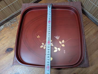 Japanese Lacquer OBON Tray Signed Gold Floral Square Made in Japan
