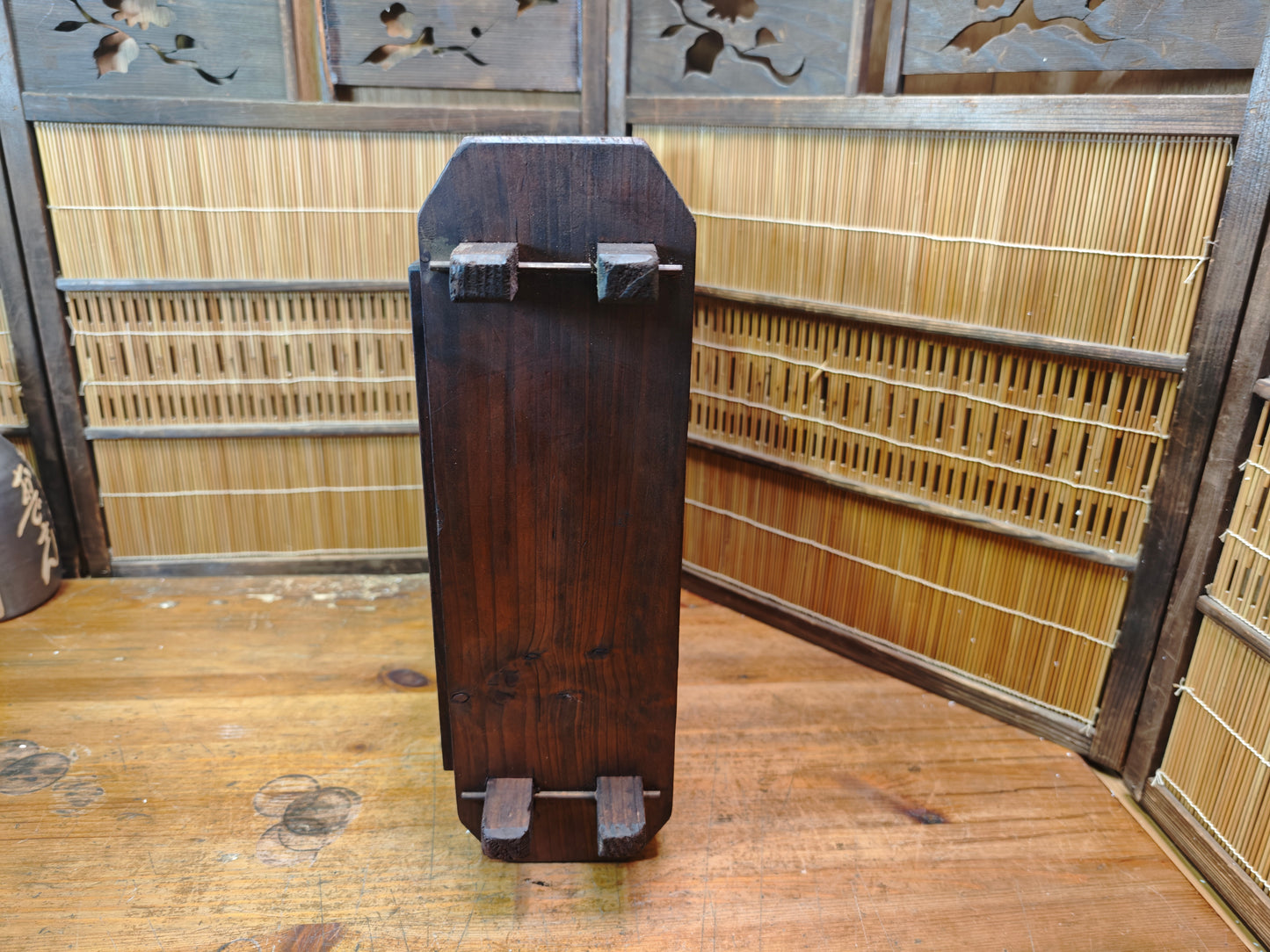 Japanese Vintage Wooden Shelf Brass Sumo Relief Vase Wabi Sabi Handmade