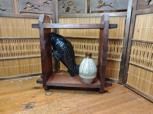 Japanese Vintage Wooden Shelf Koi Fish Meiji Carving Vase Signed Handmade