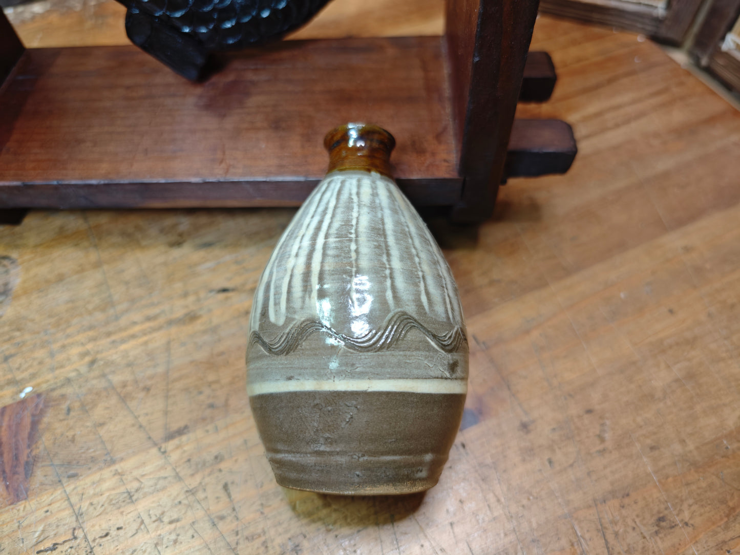 Japanese Vintage Wooden Shelf Koi Fish Meiji Carving Vase Signed Handmade
