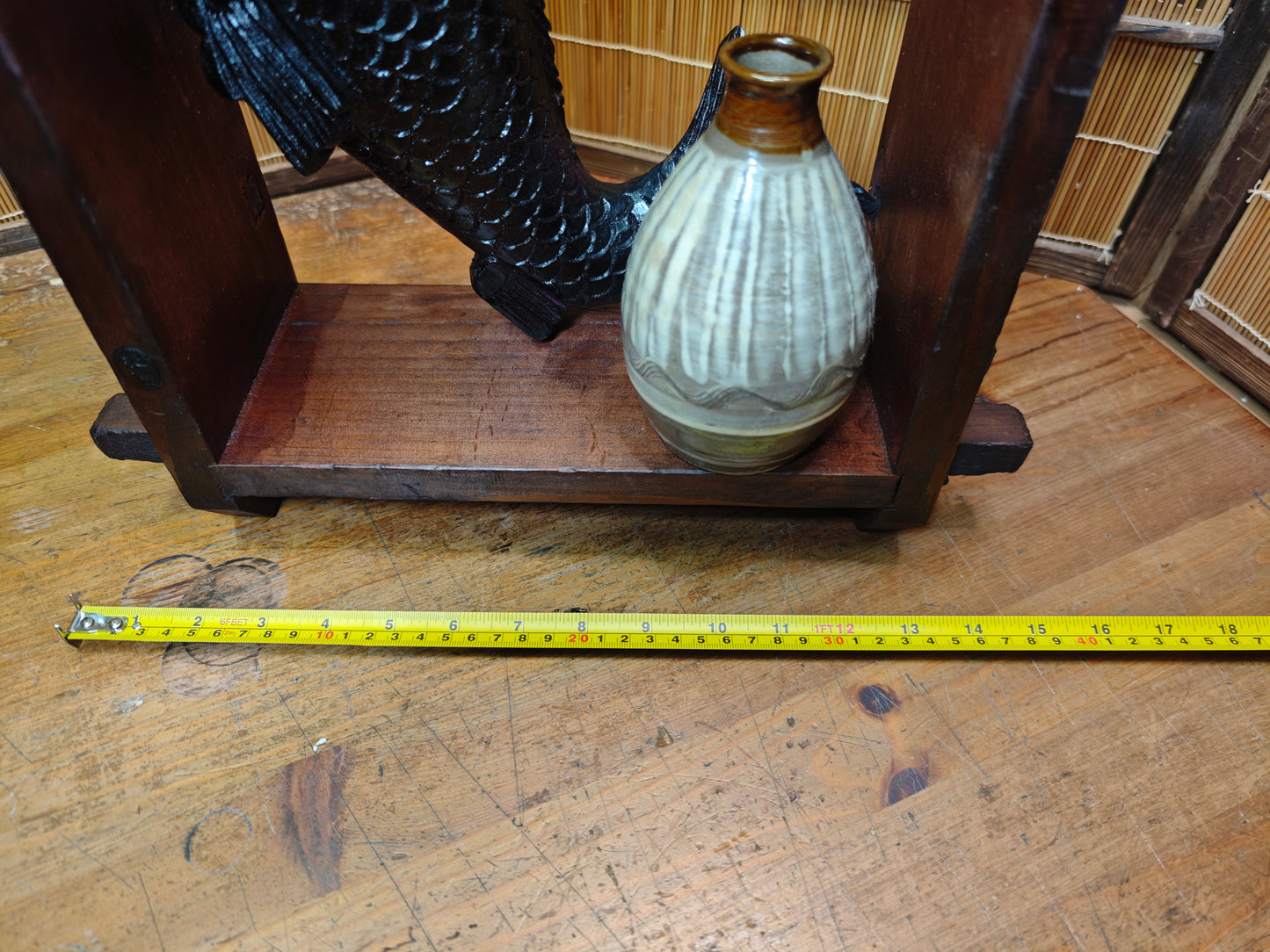 Japanese Vintage Wooden Shelf Koi Fish Meiji Carving Vase Signed Handmade