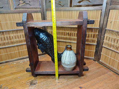 Japanese Vintage Wooden Shelf Koi Fish Meiji Carving Vase Signed Handmade