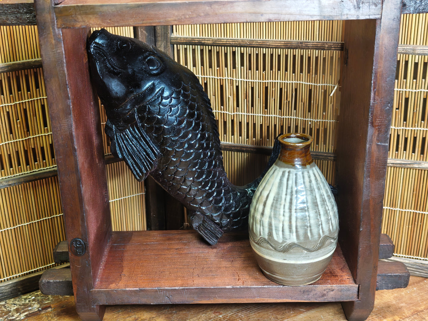 Japanese Vintage Wooden Shelf Koi Fish Meiji Carving Vase Signed Handmade