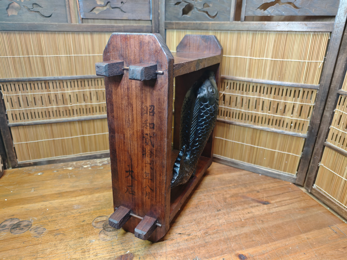 Japanese Vintage Wooden Shelf Koi Fish Meiji Carving Vase Signed Handmade
