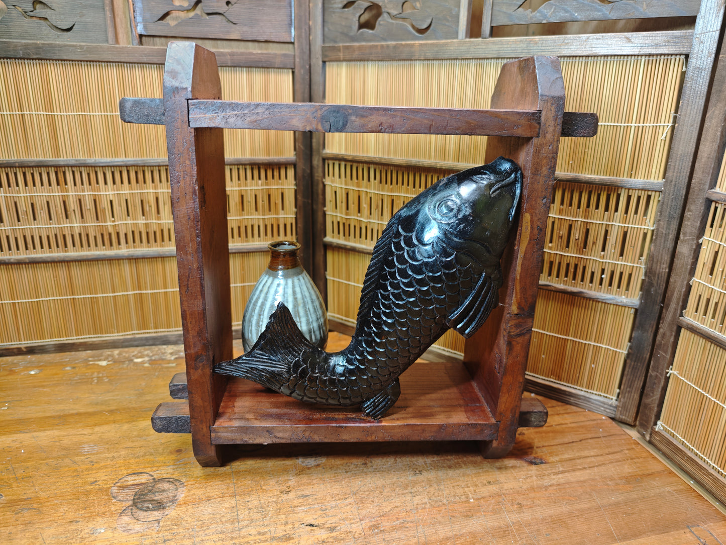Japanese Vintage Wooden Shelf Koi Fish Meiji Carving Vase Signed Handmade