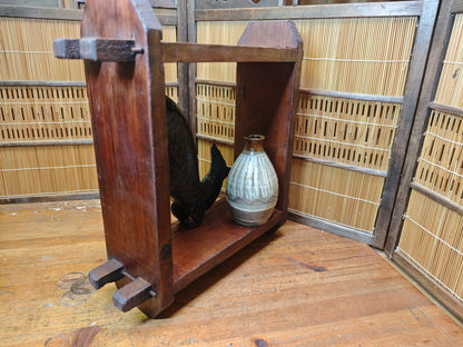 Japanese Vintage Wooden Shelf Koi Fish Meiji Carving Vase Signed Handmade