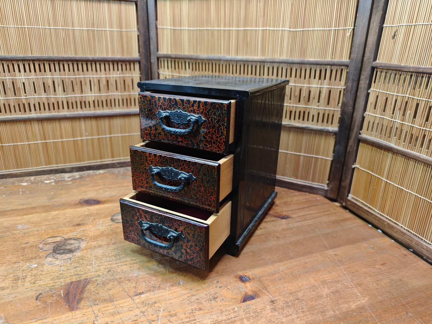 Vintage Japanese Yakisugi Mini Tansu 3 Drawer Charred Wood Chest