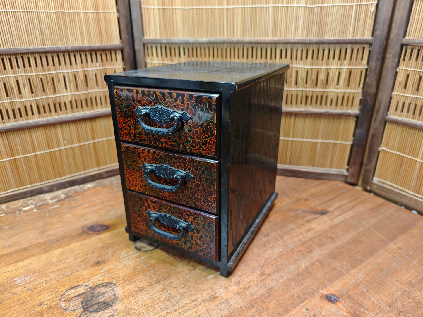 Vintage Japanese Yakisugi Mini Tansu 3 Drawer Charred Wood Chest
