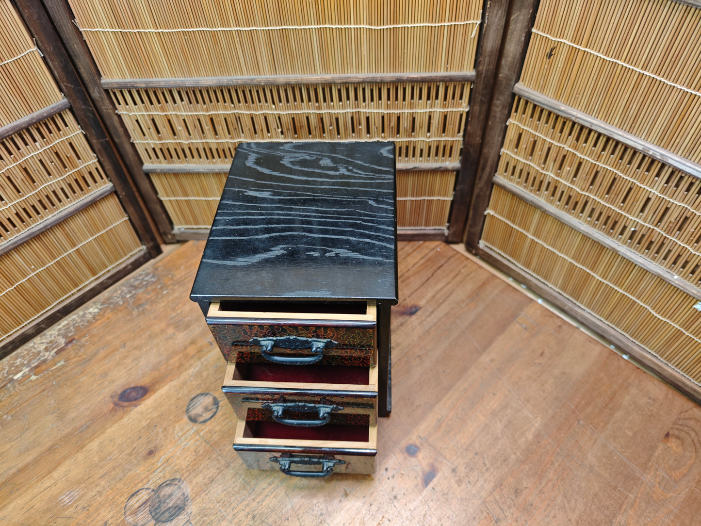 Vintage Japanese Yakisugi Mini Tansu 3 Drawer Charred Wood Chest