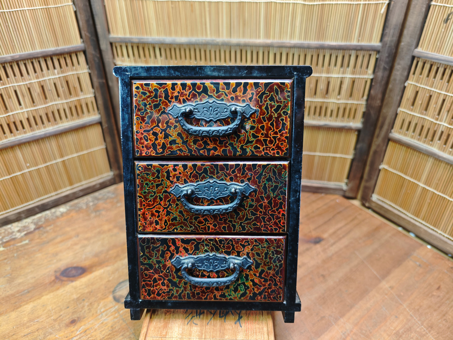 Vintage Japanese Yakisugi Mini Tansu 3 Drawer Charred Wood Chest