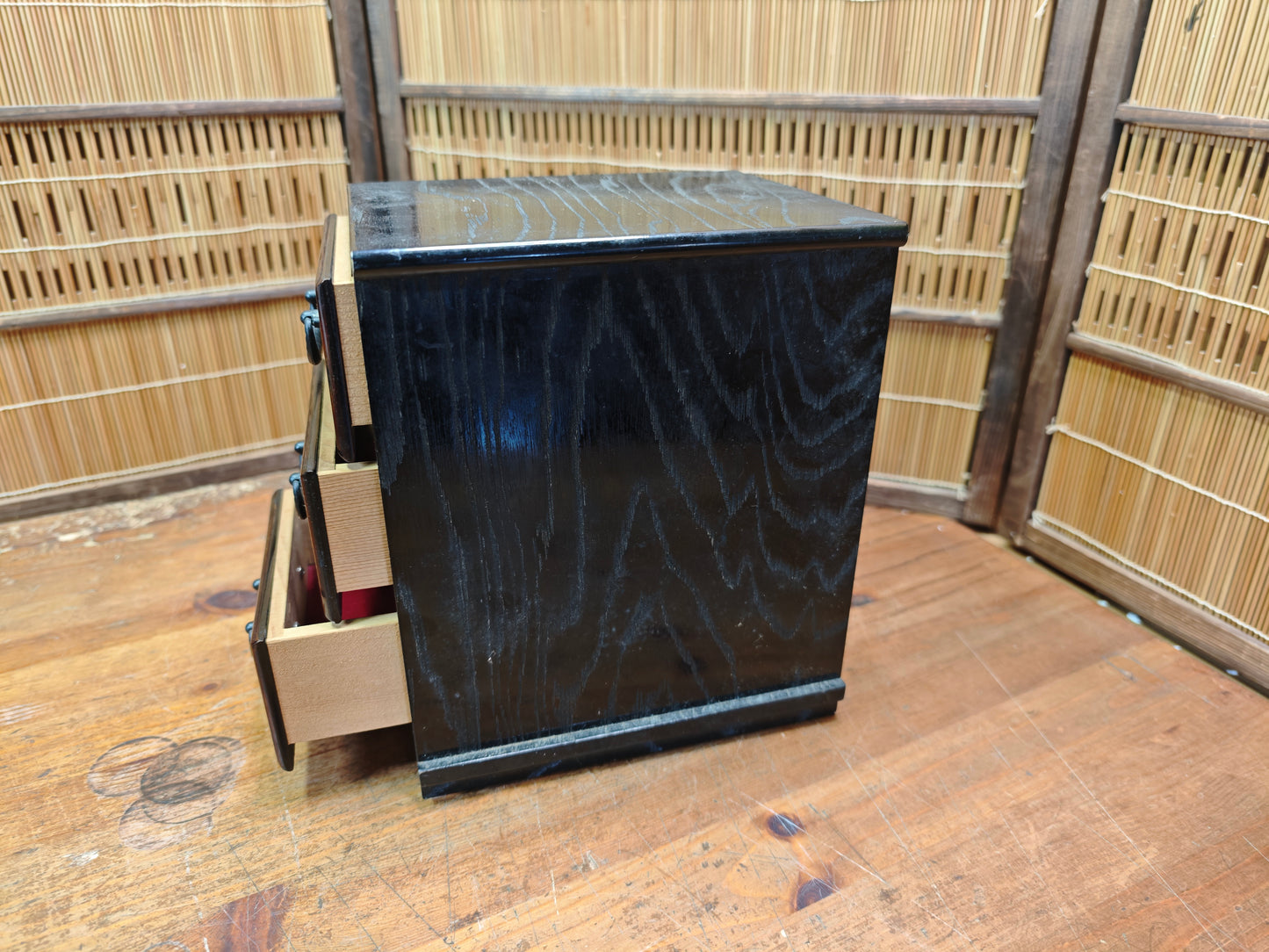 Vintage Japanese Yakisugi Mini Tansu 3 Drawer Charred Wood Chest