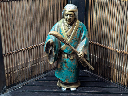 Rare Japanese Steel Folk Art Farmer Woman Statue Hand Painted Vintage