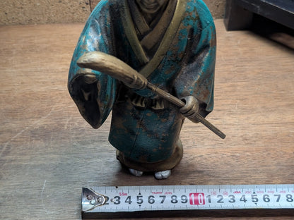 Rare Japanese Steel Folk Art Farmer Woman Statue Hand Painted Vintage