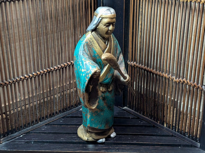 Rare Japanese Steel Folk Art Farmer Woman Statue Hand Painted Vintage