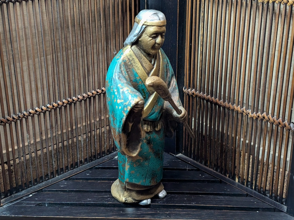 Rare Japanese Steel Folk Art Farmer Woman Statue Hand Painted Vintage