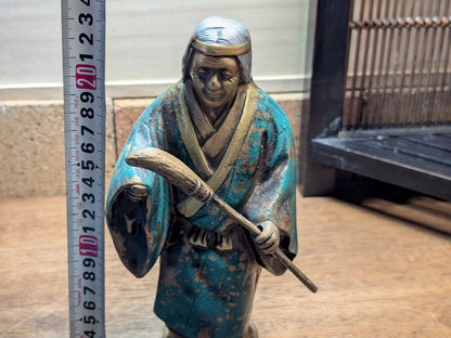 Rare Japanese Steel Folk Art Farmer Woman Statue Hand Painted Vintage