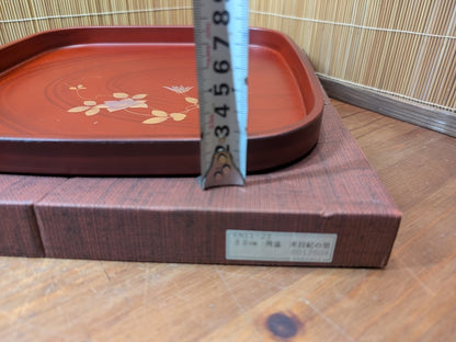 Japanese Lacquer OBON Tray Signed Gold Floral Square Made in Japan