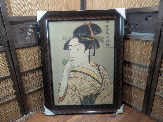 Large Vintage Japanese Some-Mono Bijin-ga Art Print Sakura Frame 1975