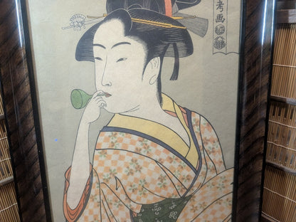 Large Vintage Japanese Some-Mono Bijin-ga Art Print Sakura Frame 1975