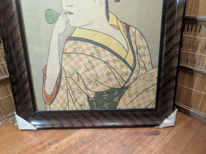 Large Vintage Japanese Some-Mono Bijin-ga Art Print Sakura Frame 1975