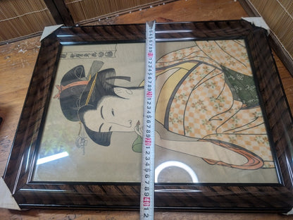 Large Vintage Japanese Some-Mono Bijin-ga Art Print Sakura Frame 1975